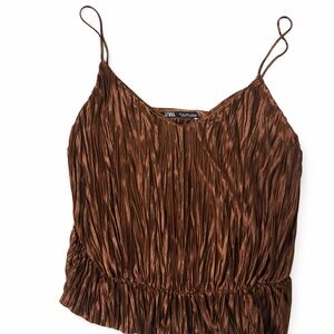Zara Chocolate Brown Crinkled Satin Cami with Spaghetti Straps
